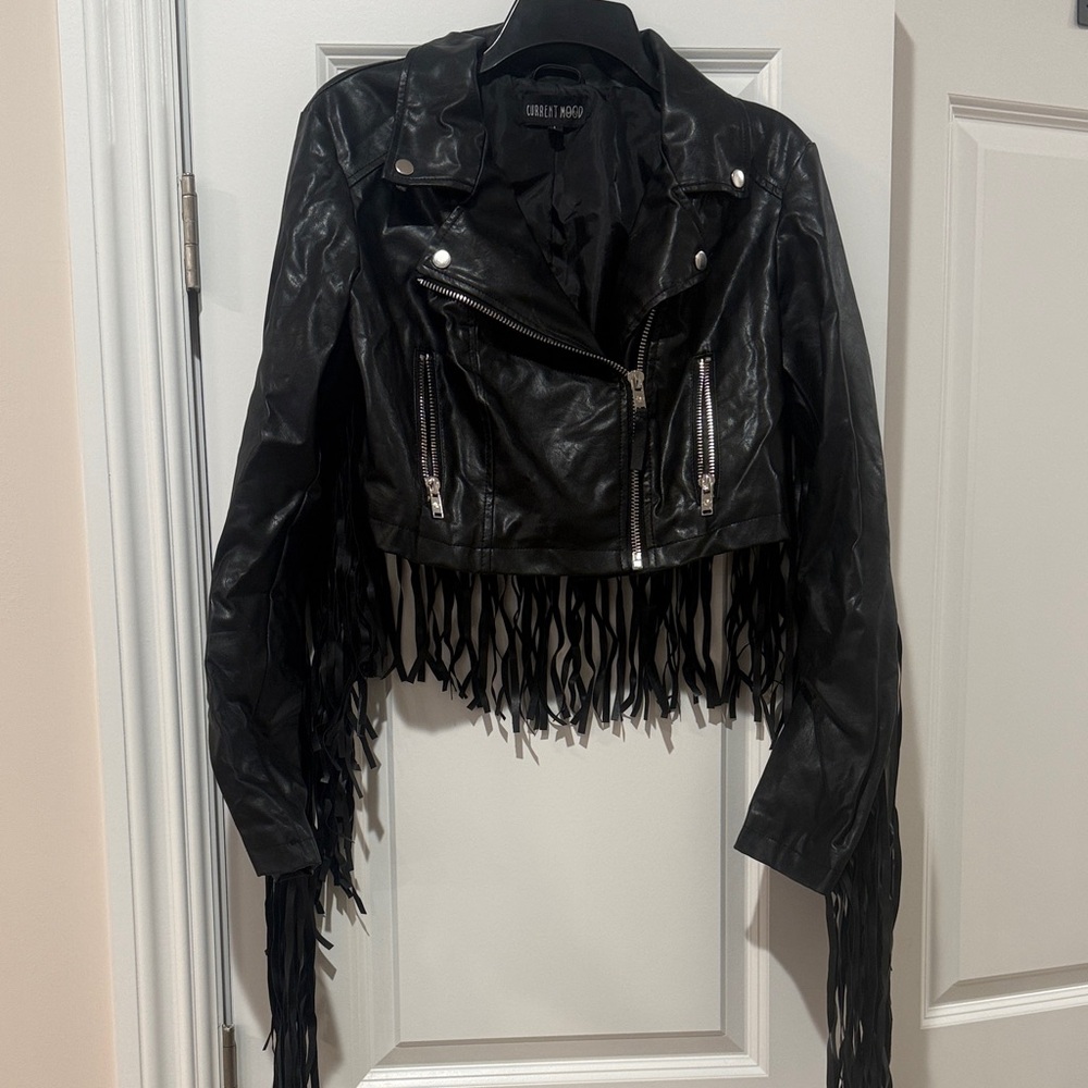 Cropped Black Fringe Leather Jacket